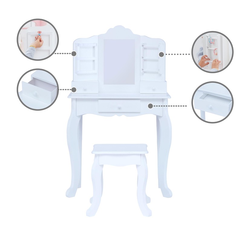 Teamson Kids White Wooden Vanity Table and Stool Set for