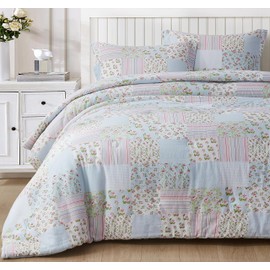 Chezmoi Collection Holly 2-Piece Washed Cotton Comforter Set Twin Size - Floral Bedding Set Blue White Pink Green Polka Dot Printed Patchwork Reversible Lightweight Comforter for All Season