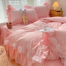 MOOWOO Chic Ruffle Lace Polyester Duvet Cover Set -Girl Pink Bedding-3 Piece Queen Duvet Cover with Zipper Closure -Ultra Soft and Light Weight (Pink, Queen)