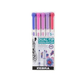 Zebra Pen Mildliner Double-Ended Highlighter Set, Broad and Fine Point Tips, No Bleed Assorted Midnight Hibiscus Ink Colors, 5-Pack (78375)