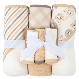 Hooded Baby Bath Towel and Washcloth 6 Piece Set for Newborns, Infants & Toddlers, Boys & Girls Baby Hooded Towels Set (Teddy Bears & Stripes)
