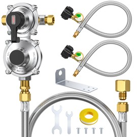 RV Propane Regulator 2 Tank 18" Hoses with 48" Stainless Braided Extension Hoses, 2-Stage Manual Changeover LP Propane Gas Regulator with Gauge for RVs Vans Trailers Campers