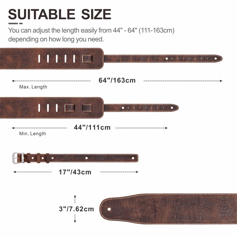 Nefelibata 3" Wide Extended Guitar Strap, Full Grain Cowhide Leather
