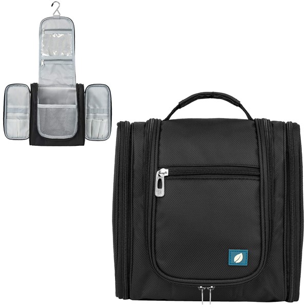 PAVILIA Toiletry Bag Travel Bag for Women Men, Hanging Cosmetic Organizer, Water Resistant Makeup Bag for Accessories Toiletries, Large Travel Essentials Kit (Black)