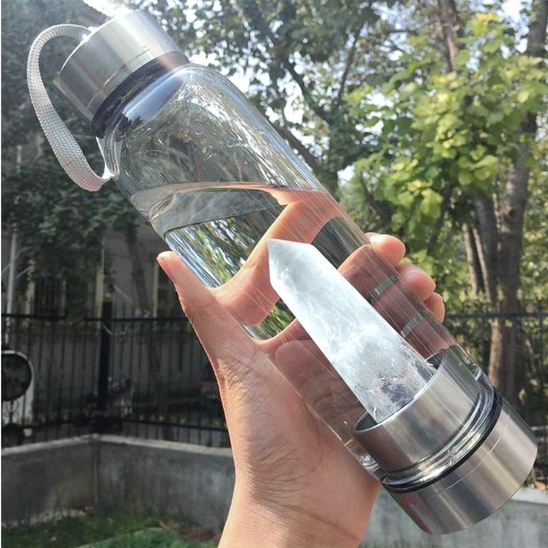 HINATAA Crystal Water Bottle, Removable Healing Natural Quartz Water Bottle,