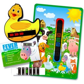 Pack of 'Happy Family' Farm Yard Animals Nursery and Room Thermometer, Duck Bath Thermometer and Forehead Thermometer Fever Pack for Baby/Child