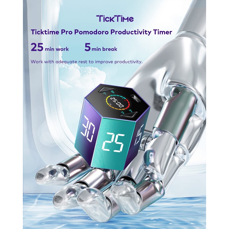 Ticktime Pomodoro Timer, Productivity Timer Cube, 5/15/25/30/45/60 Min Presets, Custom