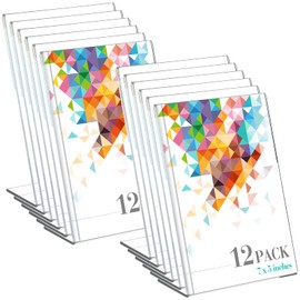 12 Pieces Acrylic Sign Holder Stand, Slanted Clear Paper Holder Acrylic Display Stands 5 x 7 Inches Table Top Sign Holder Vertical Stand for Office, Home, Store, Restaurant