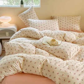 Covebett Pink Floral Duvet Cover Single Beige Pink Flowers Meadow Bedding Set Kids Girls Kawaii Botanical Washed Microfiber Comforter Cover 135x200 cm with Zipper Closure and 1 Pillowcase 50x75 cm
