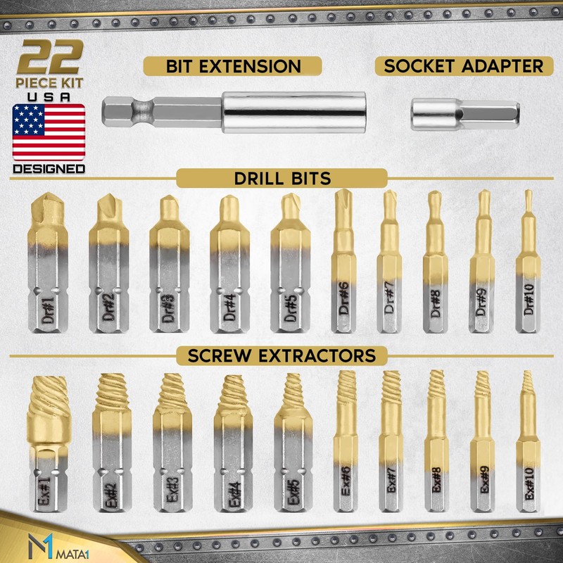 Mata1 - Screw Extractor Set for Stripped, Broken, Damaged Screws