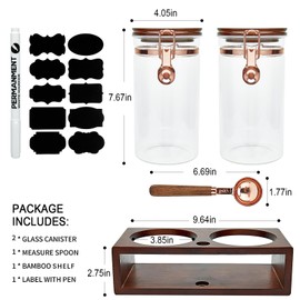 SIQOLNY Glass Coffee Container with Wooden Shelf, 2 x 40 FLOZ Coffee Bean Storage with Sealed Closure Clips and Copper Spoon, Kitchen Large Capacity Food Storage Jar, Ground Coffee Container