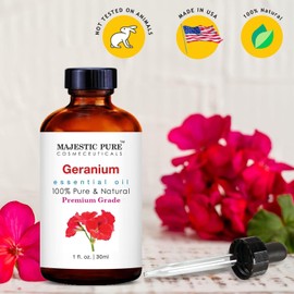 Majestic Pure MAJESTIC PURE Geranium Essential Oil | 100% Pure and Natural Geranium Oil | Premium Grade Essential Oils for Hair Care, Home Diffusers, Skin, Aromatherapy, Massage and Humidifiers | 1 Fl Oz