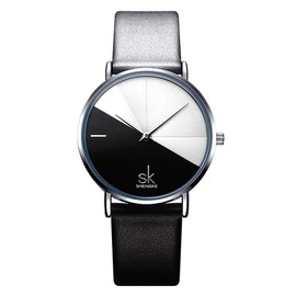 SHENGKE Creative Contrast Color Simplicity Women Watch Genuine Leather Elegant Women Watches Ladies Wristwatch(K0095-Black&White)