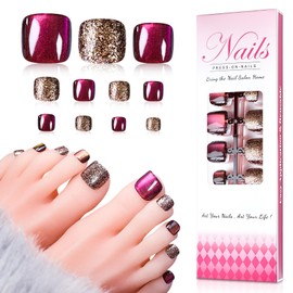 ELEVENAIL 5 Packs Press on Toenails Shimmery Red Golden Leopard Design Toenails Reusable Toe Nail Art Tips Short Squoval False Nails Salon Manicure Kits Reusable Acrylic Nails Fake Toenails