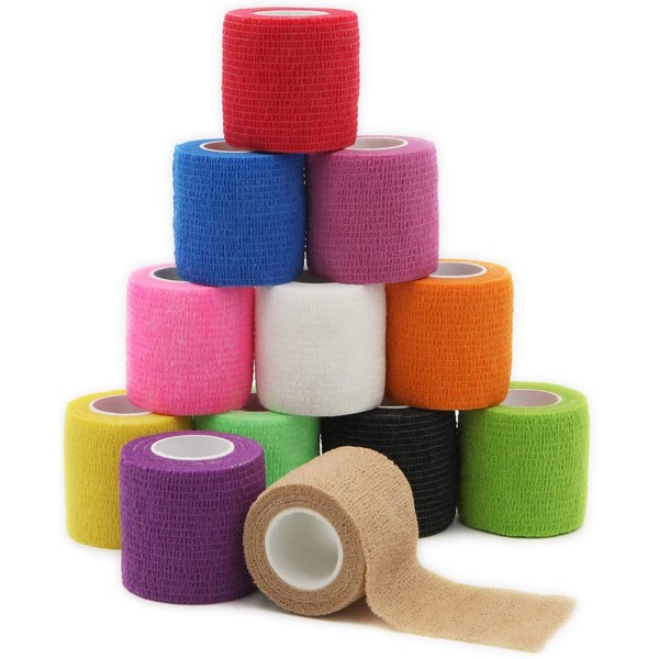 First Aid Self Adherent Cohesive Bandages, First Aid Tape Cohesive Wrap Bandage, Colorful Bandages(2 inches x 5 Yards,12 Packs,Colorful)