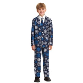 IIMMER Christmas Big Boys 3 Piece Ugly Warm Funny Suit Xmas Snowflake Comfy Costume with Jacket Pants & Tie Blue 12 Years