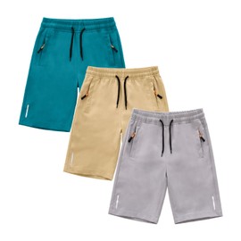 3 Pack Boys Casual Fit Sports Short Quick Dry Athletic Running Shorts with Elastic Waist and Zipper Pockets, Grey/Khaki/Green, 7-8years=Tag 130