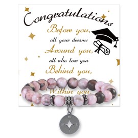 2025 Graduation Bracelets for Her, High School College Graduation Gifts for Him, Beaded Stretch Bracelet with Cards for Women Men Friends (Pink)