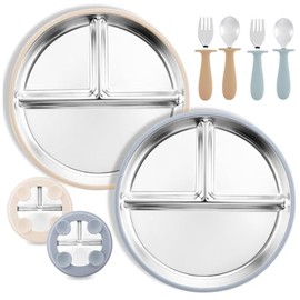 Lmkb Platos para Ni?os Silicon, 2Pcs Platos de Acero Inoxidable para Bebe con Succi?ny 2 Pares de Tenedores y Cucharas,platos Divididos de 9 Pulgadas 
