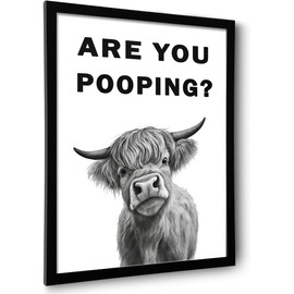 Funny Bathroom Wall Art – Are You Pooping Black and White Highland Cow Canvas, Framed Humor Print for Toilet Decor (Cow Are You Pooping, 10"L x 8"W, Framed)