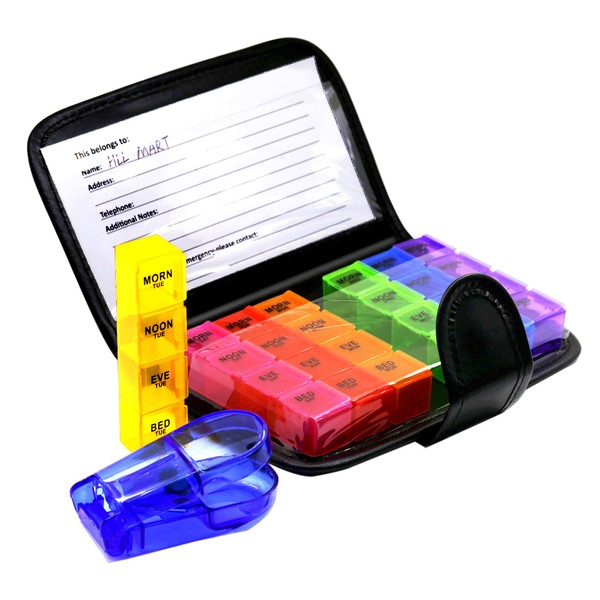 Small to Medium Sized Easy Open 7 Day Travel Pill Organizer Box Weekly Case, Prescription & Medication, Vitamin Organizer, Rainbow Reminder Daily (with Tablet Cutter)