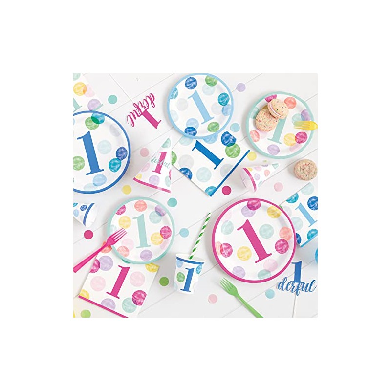 Unique 73285EU Eco-Friendly Paper Plates-23 cm-Pink Dots 1st Birthday Party-8