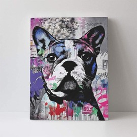 Funny French Bulldog Canvas Wall Art Banksy Graffiti Dog Pictures Wall Decor English Bulldog Painting Prints Artwork Decorations for Bathroom Bedroom Living Room Framed Gifts 12" X 16"