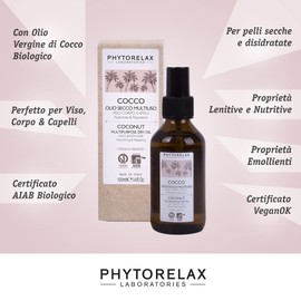 Phytorelax Laboratories Vegan & Organic Coconut - Multi-Purpose Dry Oil - Face - Body - Hair - Nourishing & Repair, Wrapping, Instant Absorbent, 100 ml