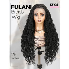 quickwig Braided Long Curly Wig Fulani Braids 13x4 Glueless Lace Front Wig with Wavy Ends Handmade Cornrow Braids & Baby Hair 26 Inch 2-in-1 Versatile Synthetic Wig for Black Women (Color 1B)