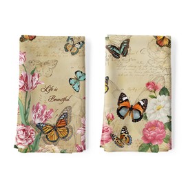 Arquiel Set of 2 Tea Towels Vintage Butterfly Kitchen Towels Pink Flower Decorative 100% Cotton 48 x 70 cm Dry Towels Absorbent Gift Kitchen Decoration