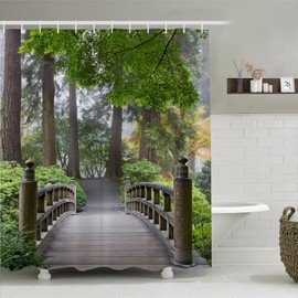 Simpomsy Japanese Shower Curtain Morning Foggy Wooden Bridge Japanese Garden with Various Types of Trees Polyester Fabric Shower Curtain Green with 12 Hooks 180x180cm