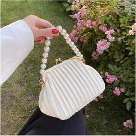Bride's Bag Bridal Wedding Purse Womens Purse Cute Bride Purse Bridal Shower White Ivory Black Pleated Pearl Clutch Crossbody Removeable Pearl Evening Bags for Women, Small Pearl Evening Purse Handbags for Women, Baby Shower Gift PU Leather - Color: Yell