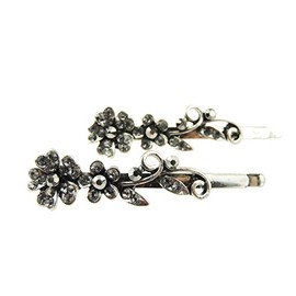 Womens Silver Tone Sparkly Bow Rhinestone Jeweled Crystal Diamante Party Birthday Christmas Bridal Wedding Slides Hairpin Hair Clips Grips Bobby Pins Set of 2 Flower Floral Grey