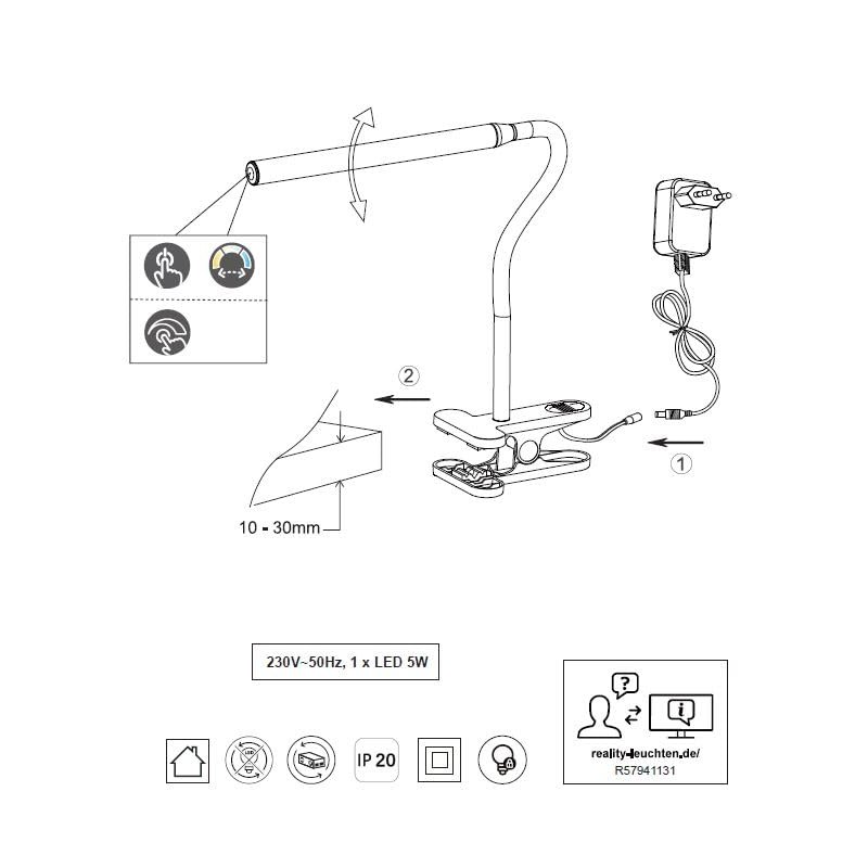 lightling Nella LED Clamp Light, Sensor Dimmer, On/Off Touch Function,