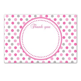 30 Pink Grey Polka Dots Birthday Party Baby Girl Shower Blank Thank You Cards Chevron Design + 30 White Envelopes