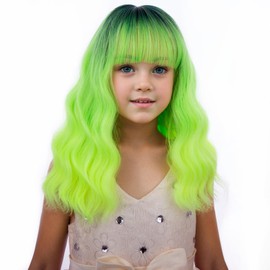 PATTNIUM Kids Child Neon Green Wig Short Curly Wavy Wig with Bangs Ombre Green Wig for Girls Lime Green Wig Synthetic Wigs for Cosplay Costume Party with Wig Cap