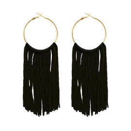 Boho Long Tassel Dangle Earrings for Women Lightweight Circle Hoop Silky Thread Fringe Drop Statemen Earrings-black