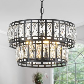 Tunkayli Dining Room Chandeliers K9 Crystal Black Metal Chandelier Modern 2-Tier Drum Farmhouse 16in Contemporary Round Light Fixture for Bedroom Entryway Kitchen Island Living Room…