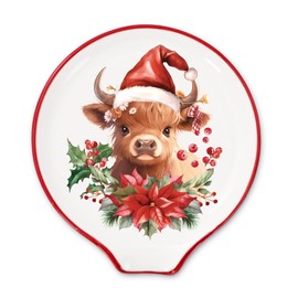 JarThenaAMCS 4.7inch Christmas Spoon Rest Highland Cow Poinsettia Small Coffee Spoon Holder for Winter Xmas Coffee Stirrers Teaspoon Bar Coffee Station Accessories