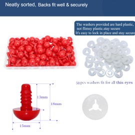 100Pcs Safety Eyes and Secure Washers for Amigurumi Crochet - Thalinfayi 15mm Red Plastic Safety Eyes Crochet Craft Eyes for Amigurumi, Crafts, Crochet Doll DIY Making Supplies