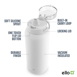 Ello Cooper 22oz Stainless Steel Water Bottle with Straw and Carry Handle, Double Walled and Vacuum Insulated Metal, Leak Proof Locking Lid with Soft Silicone Spout, Reusable, BPA Free, White
