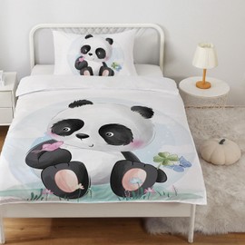 MUSOLEI Panda Single Duvet Cover Set Kids Bedding Set, Lovely Light Blue Quilt Bed Cover for Boys Girls Soft,Zipper Closure Quilt Cover 135X200cm+ 1 Pillowcase 50X75cm Soft Microfiber