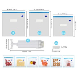 Victhur Sous Vide Bags Set of 21 Pieces (Includes 5 Large/5 Medium/5 Small Vacuum Seal Bags, 1 Hand Pump and 5 Sealing Clips) for Sous Vide Cooking, Microwave Heating and Vacuum Storage