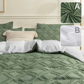 JELLYMONI Reversible Green & White Duvet Cover King Size - 3PCS Microfiber Tufted Duvet Cover, Boho Textured Duvet Cover Jacquard Geometric Pattern Duvet Cover with Corner Ties & Zipper Closure