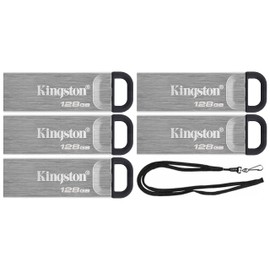 Kingston 128GB DataTraveler Kyson High Performance up to 200MB/s USB 3.2 Metal Flash Drive DTKN/128GB Bundle with (1) GoRAM Black Lanyard (128GB, 5 Pack)