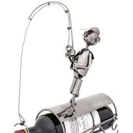 BRUBAKER Wine Bottle Holder 'Fisherman Catching Fish' - Table Top Metal Sculpture - with Greeting Card