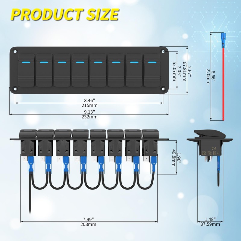 Joinfworld 8 Gang Rocker Switch Panel Waterproof 12V Blue LED