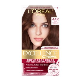 L'Oreal Paris Excellence Crème Permanent Hair Dye, Triple Care Hair Color with Hyaluronic Acid for 100% Gray Coverage, 4AR Dark Chocolate Brown, 1 Kit (Packaging May Vary)