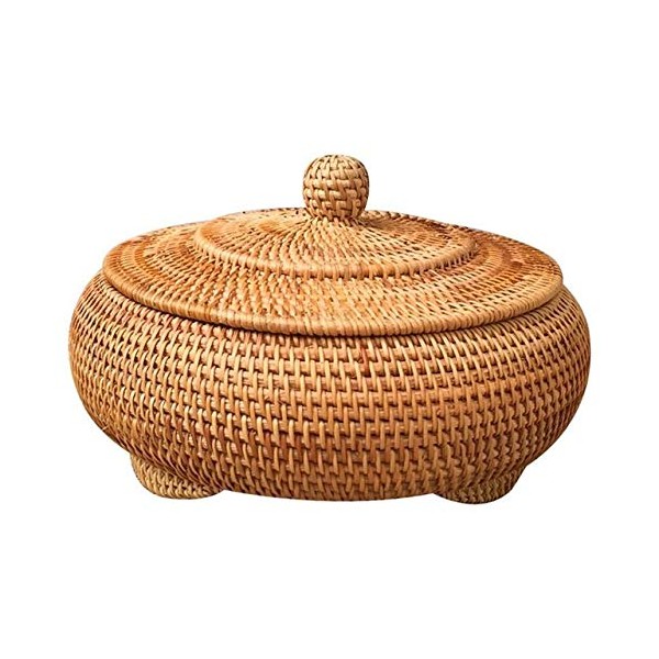 Round Rattan Boxes with Lid Hand-Woven Multi-Purpose Wicker Tray 8.6Inch Picnic Food Bread Table Storage Basket (22x13cm)