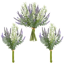 Hollyone 3 Bundles Fake Flowers Artificial Lavender Stems Bouquet Faux Plastic Purple Dried Lavender Flowers Plants for Vase DIY Wedding Floral Arrangement Home Table Centerpieces Indoor Outdoor Decor